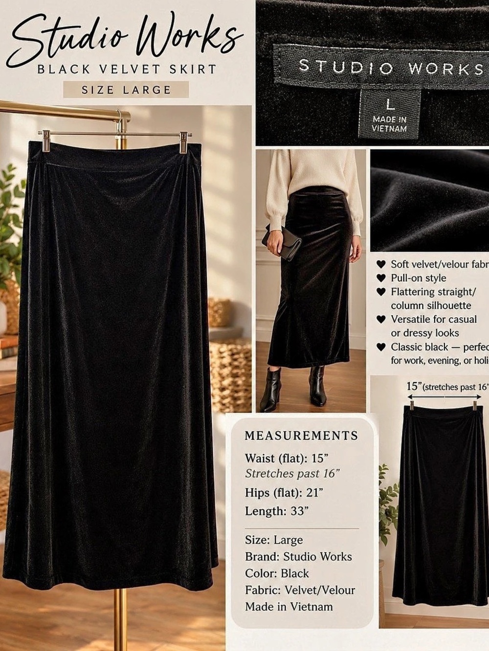 Studio Works Black Velvet Maxi Skirt Black Large
